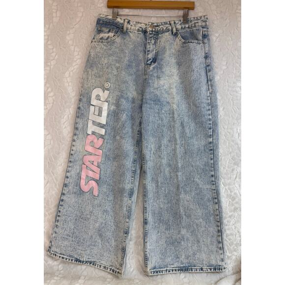 VTG RARE 90s Y2K Starter Baggy Wide Leg Jeans Rave Skater HipHop W34/Women 14/16 - Picture 1 of 13